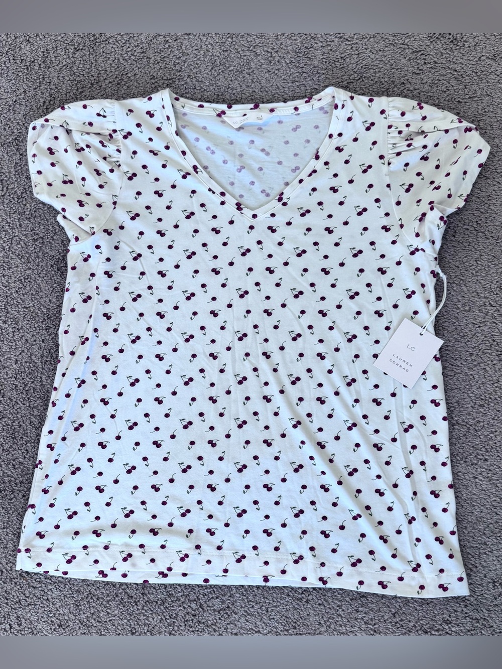 LC Lauren Conrad White V-Neck Tee with Cherry Dot Print